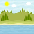 Natural scenery. Green grass, trees. Forest lake and pond