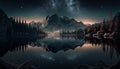 Natural Forest and Mountain Scenery of Night Sky with Stars, Cloud, Nebula and Dust with Beautiful Reflection AI Generative