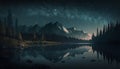 Natural Forest and Mountain Scenery of Night Sky with Stars, Cloud, Nebula and Dust with Beautiful Reflection AI Generative