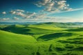 natural scenic panorama of a lush green field, with rolling hills and a clear blue sky, AI Generative Royalty Free Stock Photo