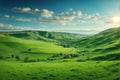 natural scenic panorama of a lush green field, with rolling hills and a clear blue sky, AI Generative Royalty Free Stock Photo