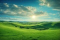 natural scenic panorama of a lush green field, with rolling hills and a clear blue sky, AI Generative Royalty Free Stock Photo