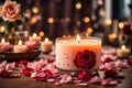 Natural scented soy candle surrounded by floral rose. ai generative