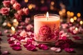 Natural scented soy candle surrounded by floral rose. ai generative