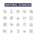 Natural sciences line vector icons and signs. Chemistry, Astronomy, Geology, Physics, Ecology, Paleontology