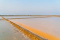 Natural sea salt ponds. Farm field outdoor. Material in traditional industry in Thailand. Asia culture. Agriculture Royalty Free Stock Photo