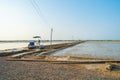 Natural sea salt ponds. Farm field outdoor. Material in traditional industry in Thailand. Asia culture. Agriculture Royalty Free Stock Photo