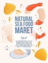 Natural seafood market banner design wuth space for text. Fresh tasty seafood scallop, mussel and shrimp vector hand Royalty Free Stock Photo