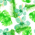 Natural Seamless Hibiscus. Organic Pattern Vintage. Blue Tropical Hibiscus. Green Garden Texture. Cobalt Floral Texture. Royalty Free Stock Photo