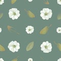 Natural seamless pattern with delicate flowers and fresh leaves against dark green background. Beautiful texture. Vector Royalty Free Stock Photo