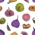 Natural seamless pattern with delicious fresh and dried figs. Backdrop with tasty sweet fruit on white background Royalty Free Stock Photo