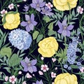 Natural seamless pattern with elegant blooming flowers and flowering herbaceous plants on black background. Floral hand