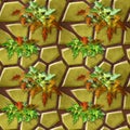 Natural seamless pattern of gold stones and green and red thistles