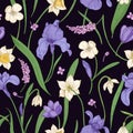 Natural seamless pattern with gorgeous tender wild and garden blooming flowers and leaves on black background. Hand Royalty Free Stock Photo