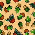 Natural seamless pattern with hand drawn green cactus.