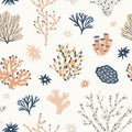 Natural seamless pattern with orange and blue corals, seaweed or algae. Backdrop with oceanic species, aquatic flora and