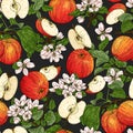 Natural seamless pattern with whole apple, half, flower, branch and leaves Royalty Free Stock Photo