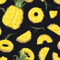 Natural seamless pattern with whole and cut fresh pineapples on black background. Backdrop with exotic juicy fruit Royalty Free Stock Photo