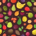 Natural seamless pattern with whole tasty fresh ripe juicy exotic tropical fruits on dark background. Hand drawn Royalty Free Stock Photo