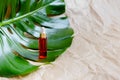 Natural Serums. Cosmetic hydrating serum in a glass bottle with pipette close up. Hyaluronic acid on abstract background top horiz Royalty Free Stock Photo