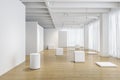 Natural shades exhibition gallery, airy, light, empty and spacious. White curtains, walls and round and squared small stages on