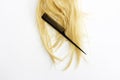 Natural shaggy crumpled yellow blonde curl and a black comb