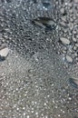 Natural silvery water dew drops texture macro background, vertical textured wet vapour bubble splashes pattern copy space, silver Royalty Free Stock Photo