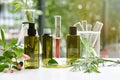 Natural skin care beauty products, Natural organic botany extraction and scientific glassware. Royalty Free Stock Photo