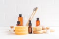 Natural skin care products. Zero waste, eco friendly bathroom and spa accessories on white table. Light and airy Royalty Free Stock Photo