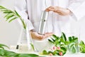 Natural skincare beauty product research, Green organic herbal essence discovery at science lab.