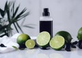 natural skincare organic bottle treatment lime body lemon oil spa. Generative AI. Royalty Free Stock Photo