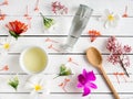 Natural skincare products,aroma oil with tropical flower. Royalty Free Stock Photo