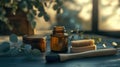 Amber Glass Bottle with Natural Cream Jar Bamboo Brushes, Eucalyptus, Serene Home Spa Setting Royalty Free Stock Photo