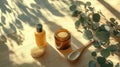 Natural Skincare Products with Eucalyptus, Moisturizer Jar and Dropper Bottle Royalty Free Stock Photo