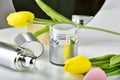 Natural skincare pump bottle, Cosmetic bottle containers packaging with tulip flower essence, Organic beauty product