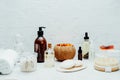 Natural skincare and spa beauty cosmetics with eco oil essentials on the white background. Spa and wellness face and Royalty Free Stock Photo