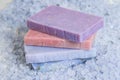 Natural soap, lavender, salt on a wooden board, hygiene items for bath and spa. Royalty Free Stock Photo