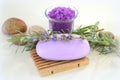 Natural soap with lavender, sprigs of lavender, sea salt with lavender Royalty Free Stock Photo