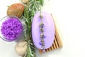 Natural soap with lavender, sprigs of lavender, sea salt with lavender Royalty Free Stock Photo