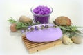 Natural soap with lavender, sprigs of lavender, sea salt with lavender Royalty Free Stock Photo