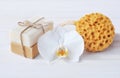 Natural soap set, Bath sponge and orchid flower, Royalty Free Stock Photo