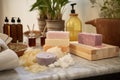 natural soaps and bath salts in bathroom setting