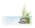 Natural solid stones in the clear water with green grass. Watercolor illustration. Lake shore, river, pond bank natural Royalty Free Stock Photo