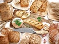 Natural sourdough bread and various types of traditional Polish rolls. Royalty Free Stock Photo