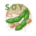 Natural Soy Product from Soybean Plant with Splashing Milk and Green Pod with Bean Vector Composition