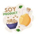 Natural Soy Products from Soybean Plant with Oil in Glass Jar and Tofu in Bowl Vector Composition Royalty Free Stock Photo