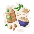 Natural Soy Products from Soybean Plant with Tofu in Bowl and Milk in Carton Vector Composition Royalty Free Stock Photo