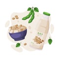 Natural Soy Products from Soybean Plant with Tofu and Milk in Bottle Vector Composition Royalty Free Stock Photo