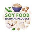 Natural Soy Products from Soybean Plant with Tofu and Milk in Glass Vector Composition Royalty Free Stock Photo