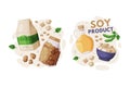 Natural Soy Products from Soybean Plant with Tofu, Oil, Meat and Flour Vector Composition Set Royalty Free Stock Photo